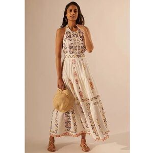 Flowy Anthropologie Backless Maxi Dress Embroidered Halter & Tiers - Size: 10 🌼